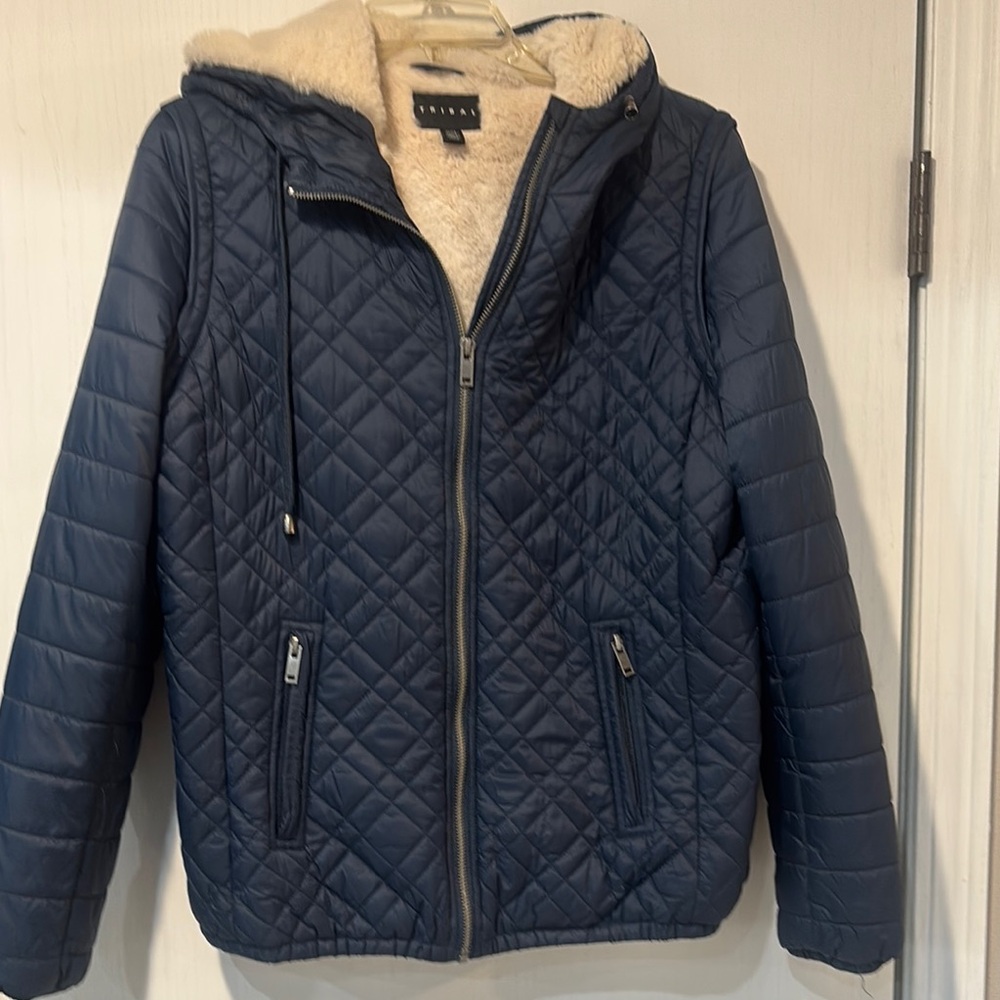 Tribal Navy Quilted Jacket with Faux Fur Lining